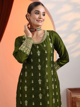 Libas Olive Embroidered Chinon Straight Suit Set With Dupatta