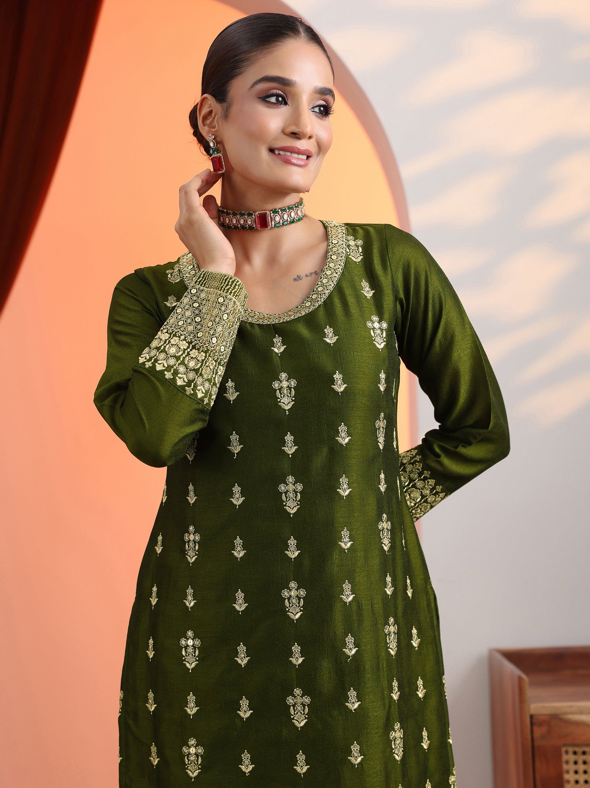 Libas Olive Embroidered Chinon Straight Suit Set With Dupatta