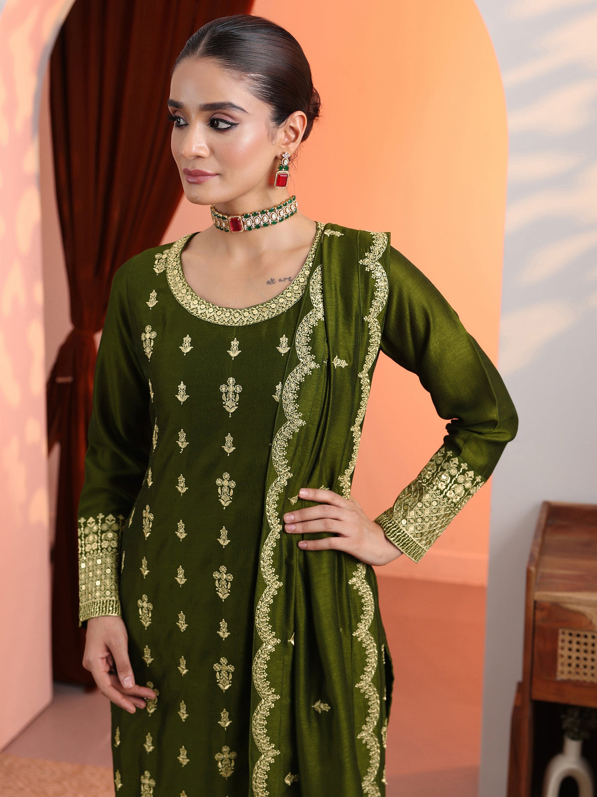 Libas Olive Embroidered Chinon Straight Suit Set With Dupatta