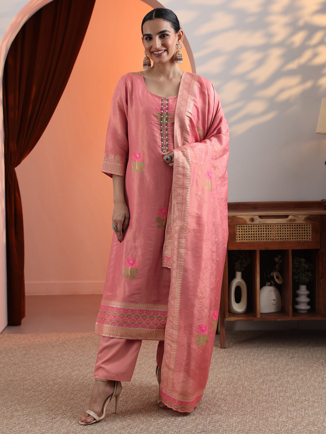 Mameraa Peach Woven Design Silk Blend Straight Suit Set With Dupatta