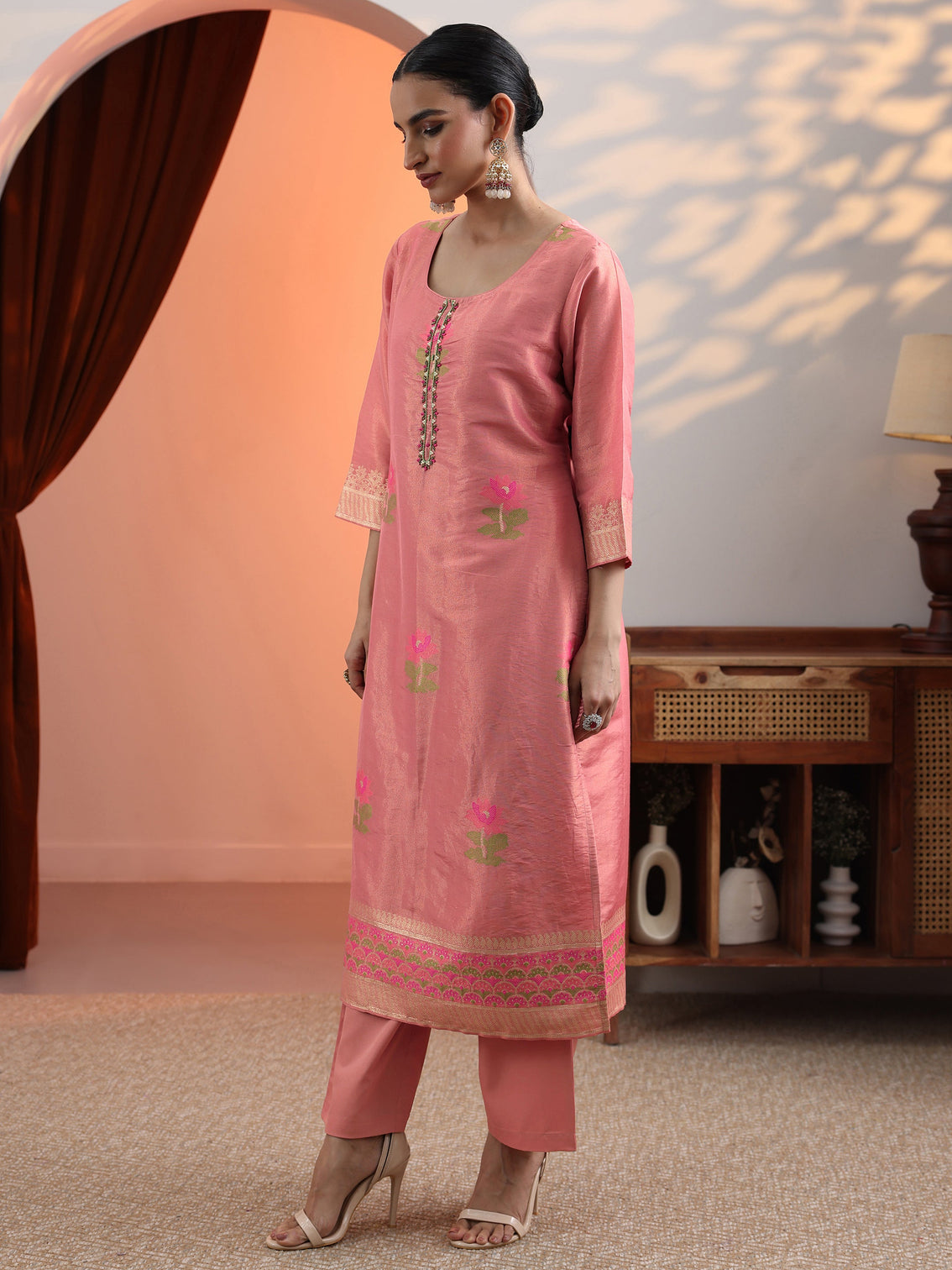 Mameraa Peach Woven Design Silk Blend Straight Suit Set With Dupatta