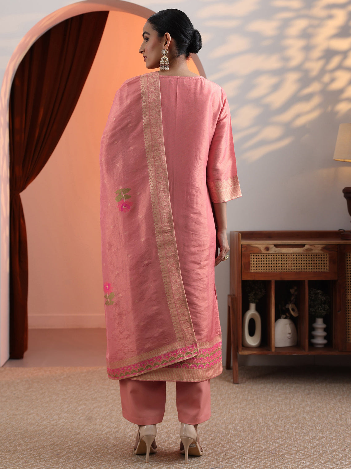 Mameraa Peach Woven Design Silk Blend Straight Suit Set With Dupatta