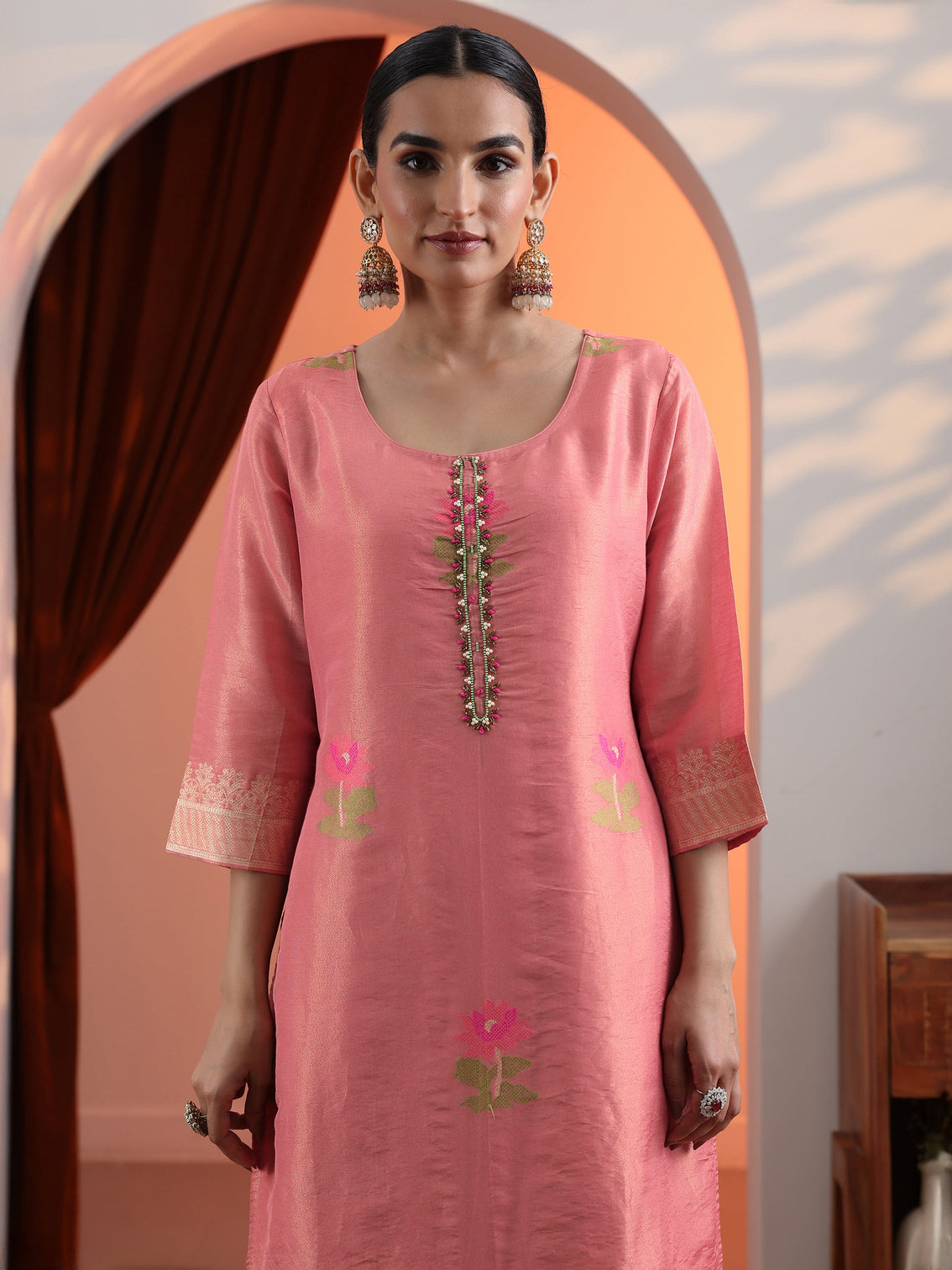Mameraa Peach Woven Design Silk Blend Straight Suit Set With Dupatta