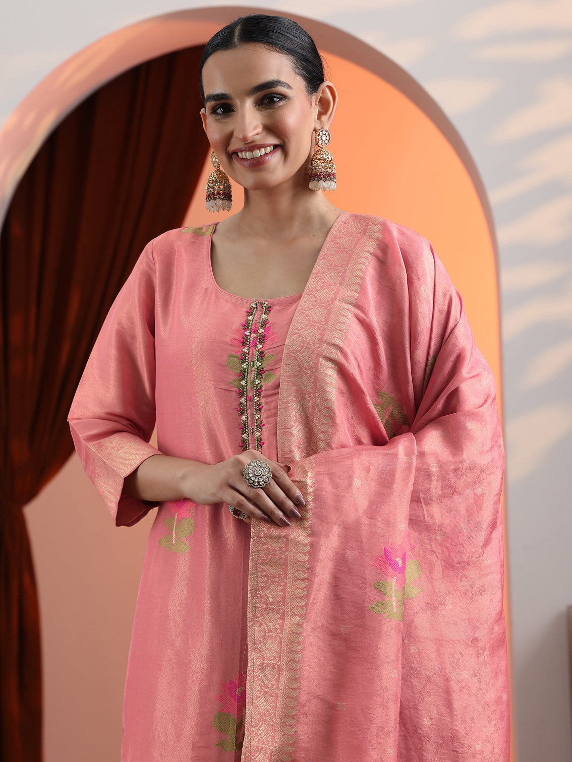 Mameraa Peach Woven Design Silk Blend Straight Suit Set With Dupatta