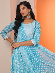 Mameraa Blue Printed Straight Suit Set With Dupatta - Mameraa