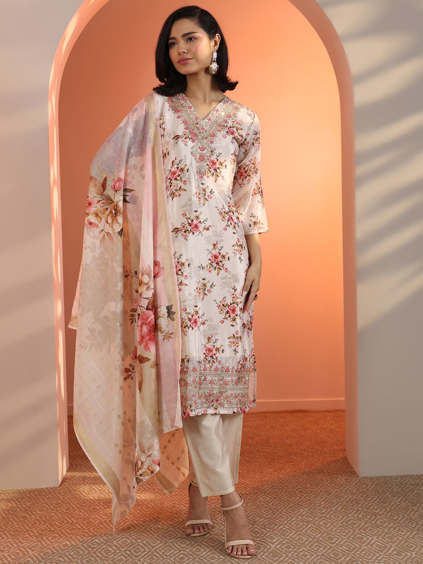 Libas Off White Embroidered Chinon Straight Suit Set With Dupatta