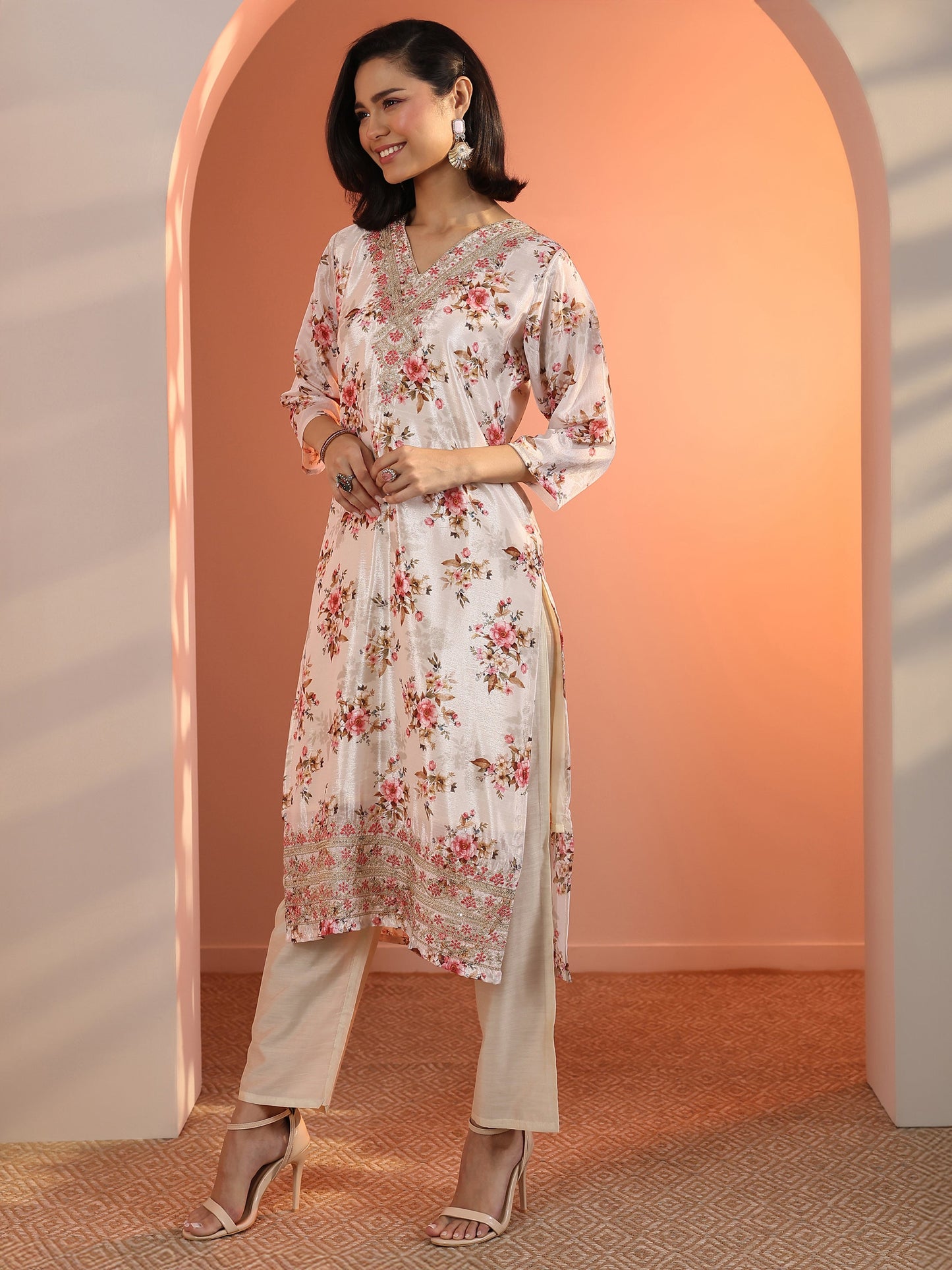 Libas Off White Embroidered Chinon Straight Suit Set With Dupatta