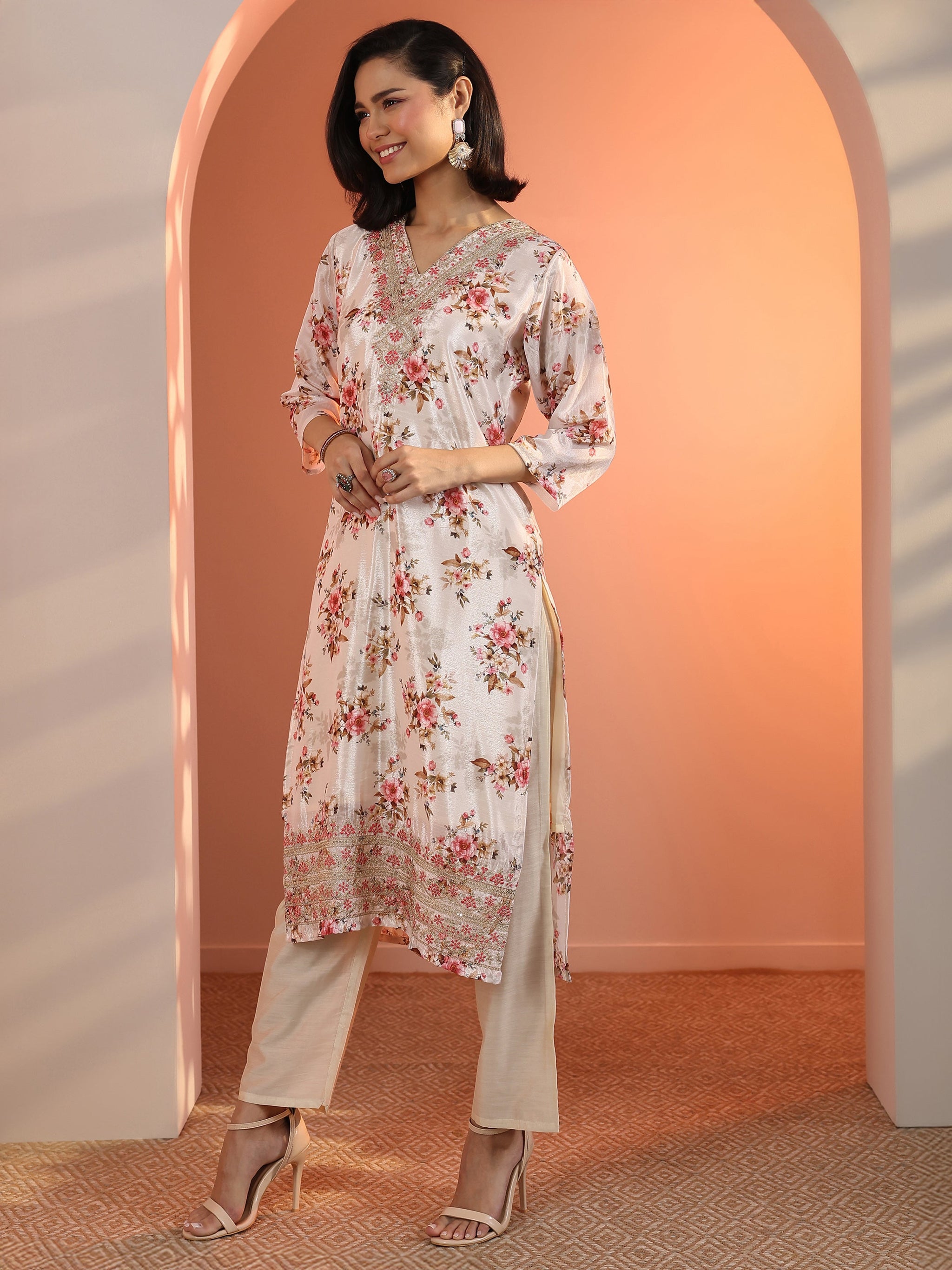 Libas Off White Embroidered Chinon Straight Suit Set With Dupatta