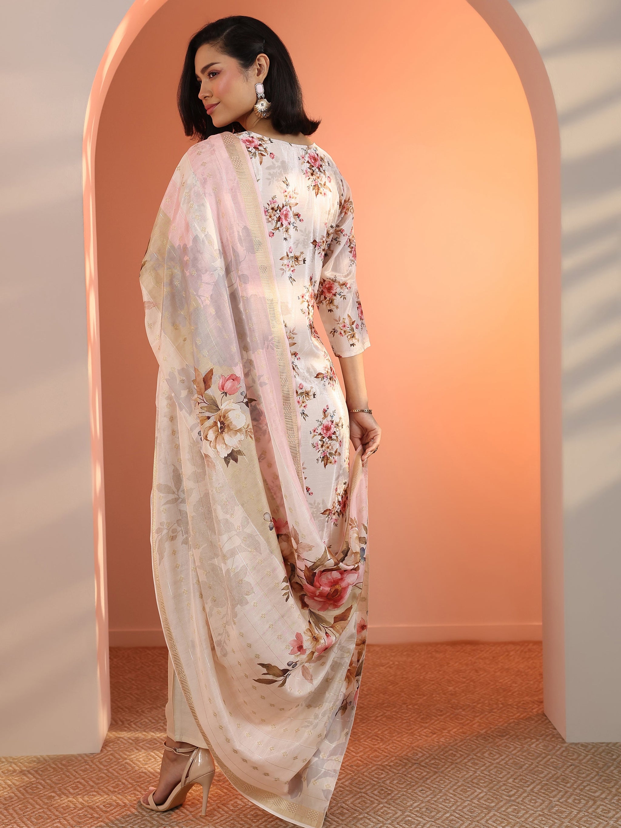 Libas Off White Embroidered Chinon Straight Suit Set With Dupatta