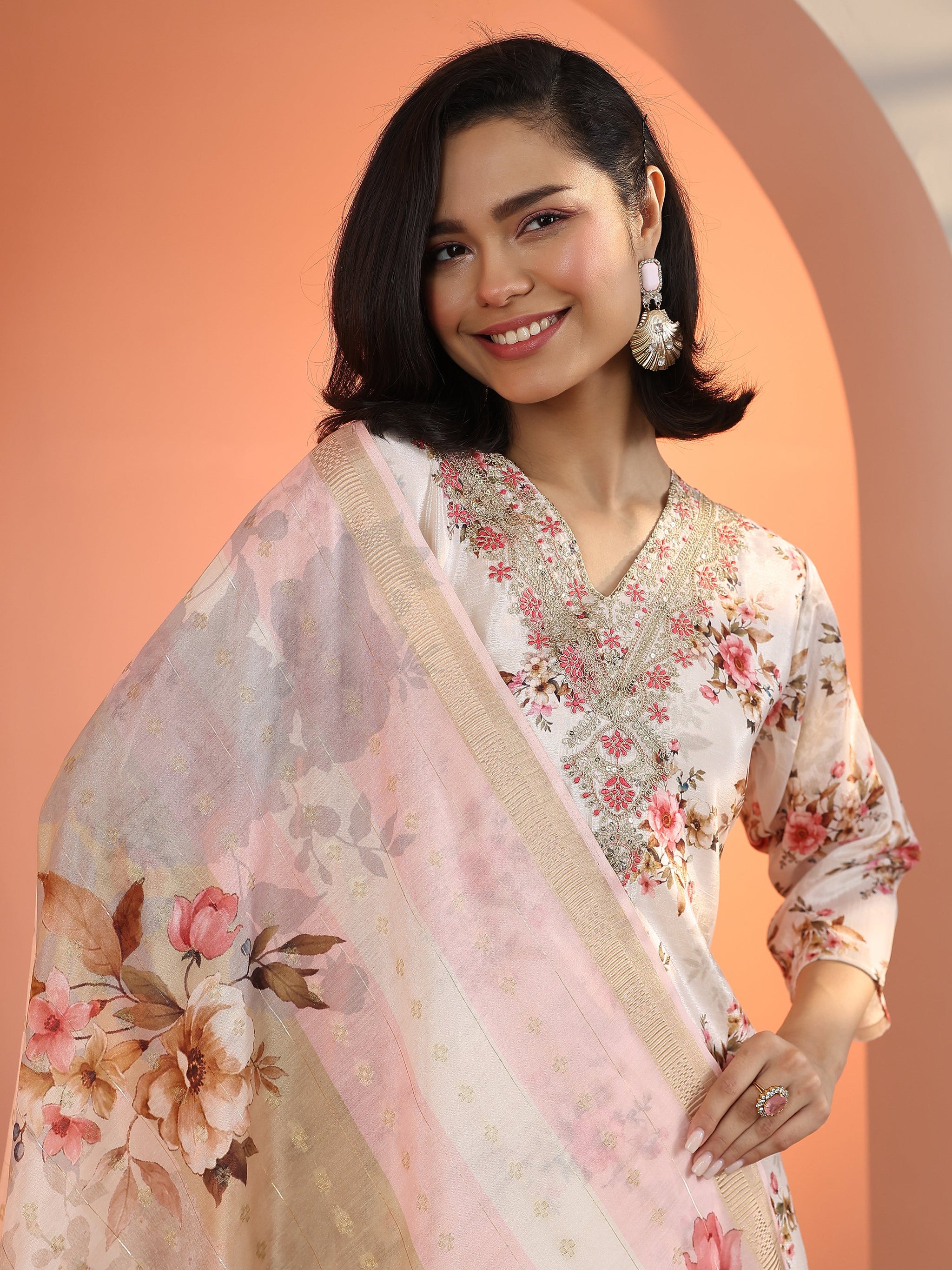 Libas Off White Embroidered Chinon Straight Suit Set With Dupatta