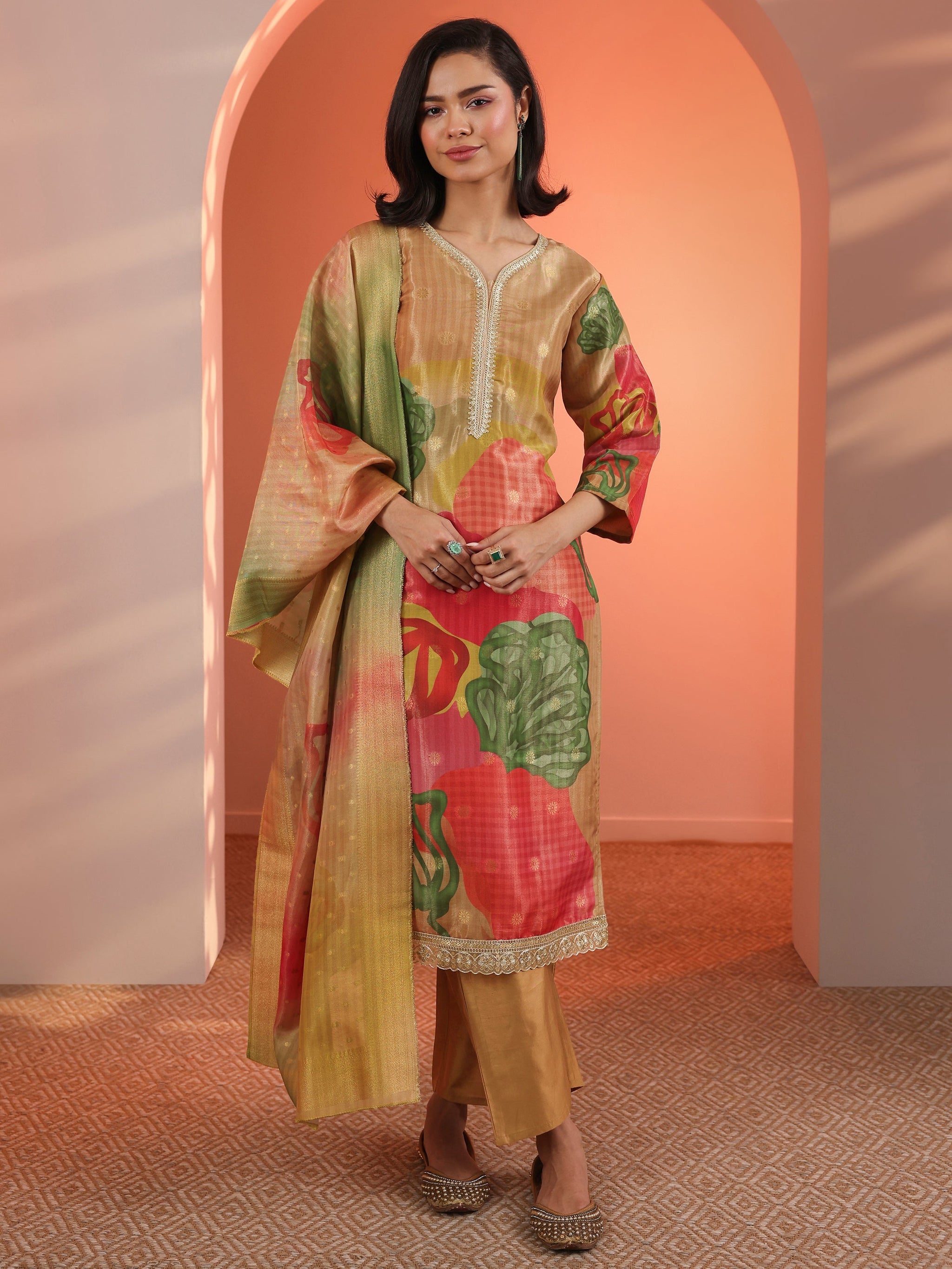 Libas Multi Embellished Silk Blend Straight Suit Set With Dupatta