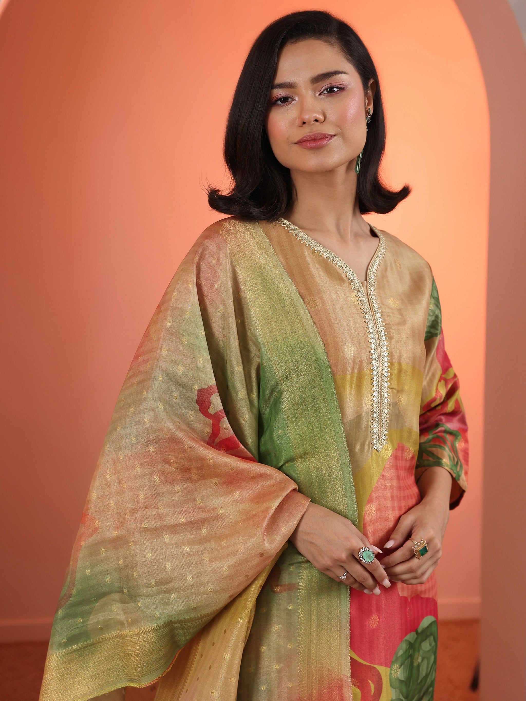 Libas Multi Embellished Silk Blend Straight Suit Set With Dupatta