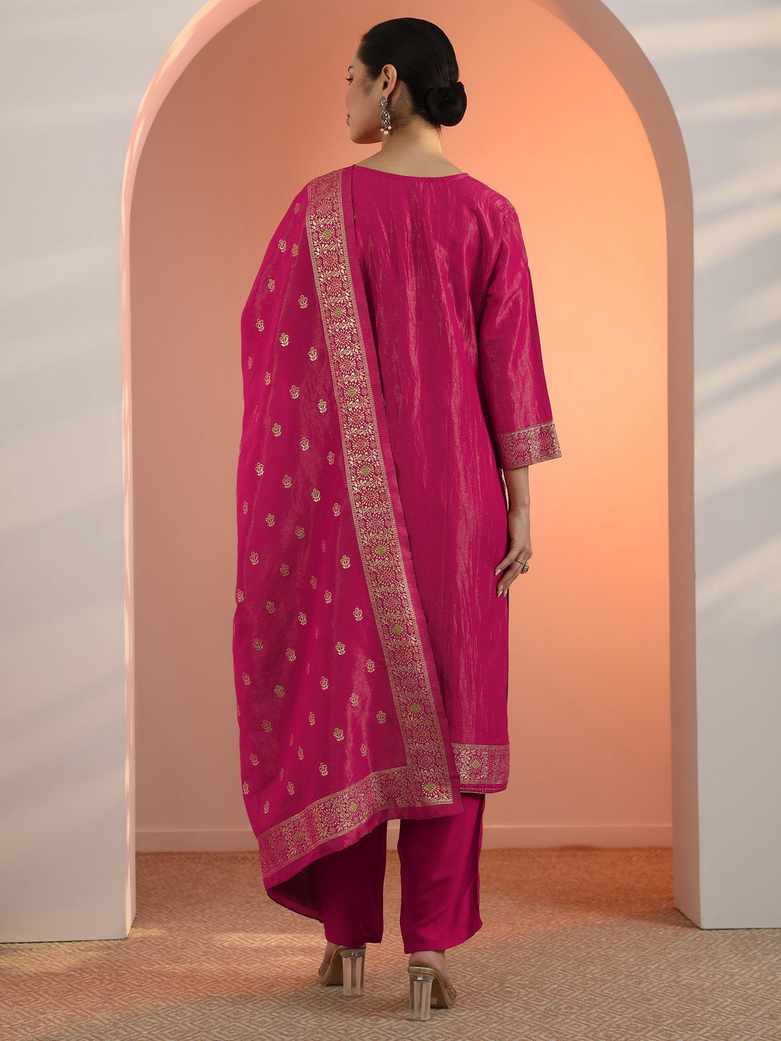Mameraa Pink Embellished Silk Blend Straight Suit Set With Dupatta
