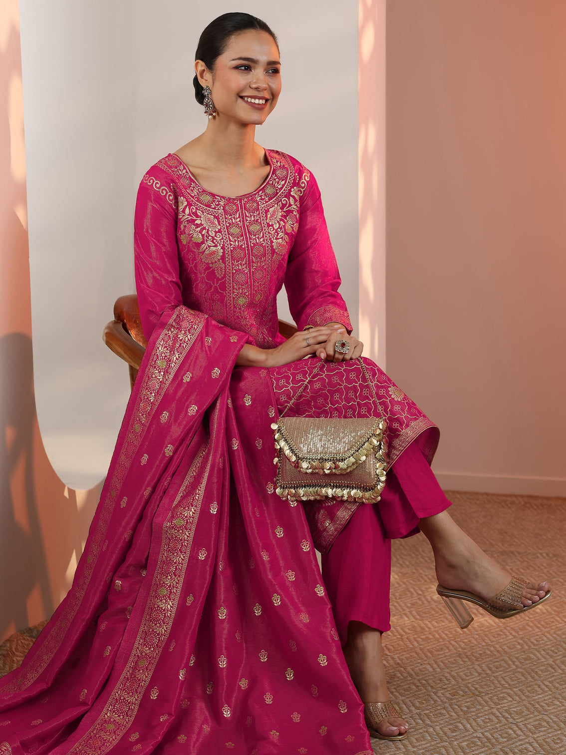 Mameraa Pink Embellished Silk Blend Straight Suit Set With Dupatta