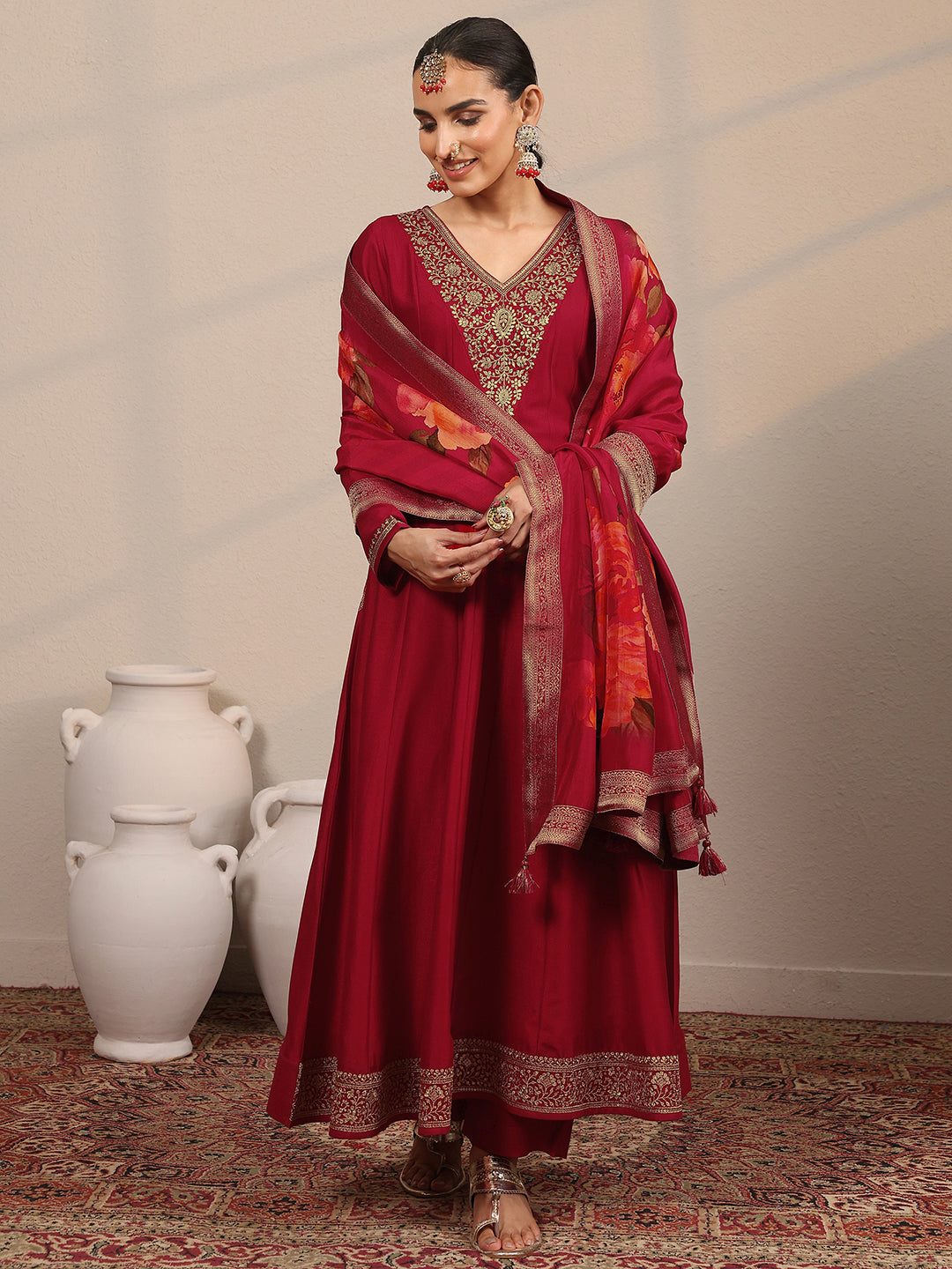 Mameraa Red Yoke Design Silk Blend Anarkali Suit Set With Dupatta