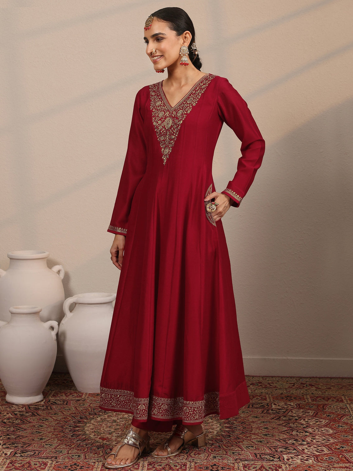 Mameraa Red Yoke Design Silk Blend Anarkali Suit Set With Dupatta