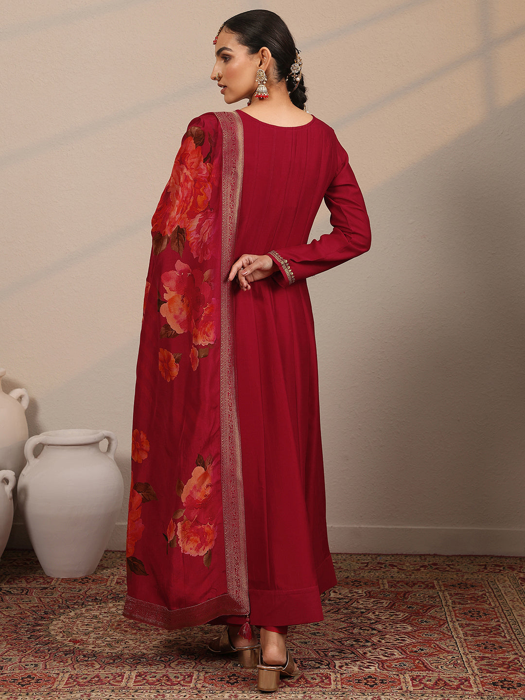 Mameraa Red Yoke Design Silk Blend Anarkali Suit Set With Dupatta