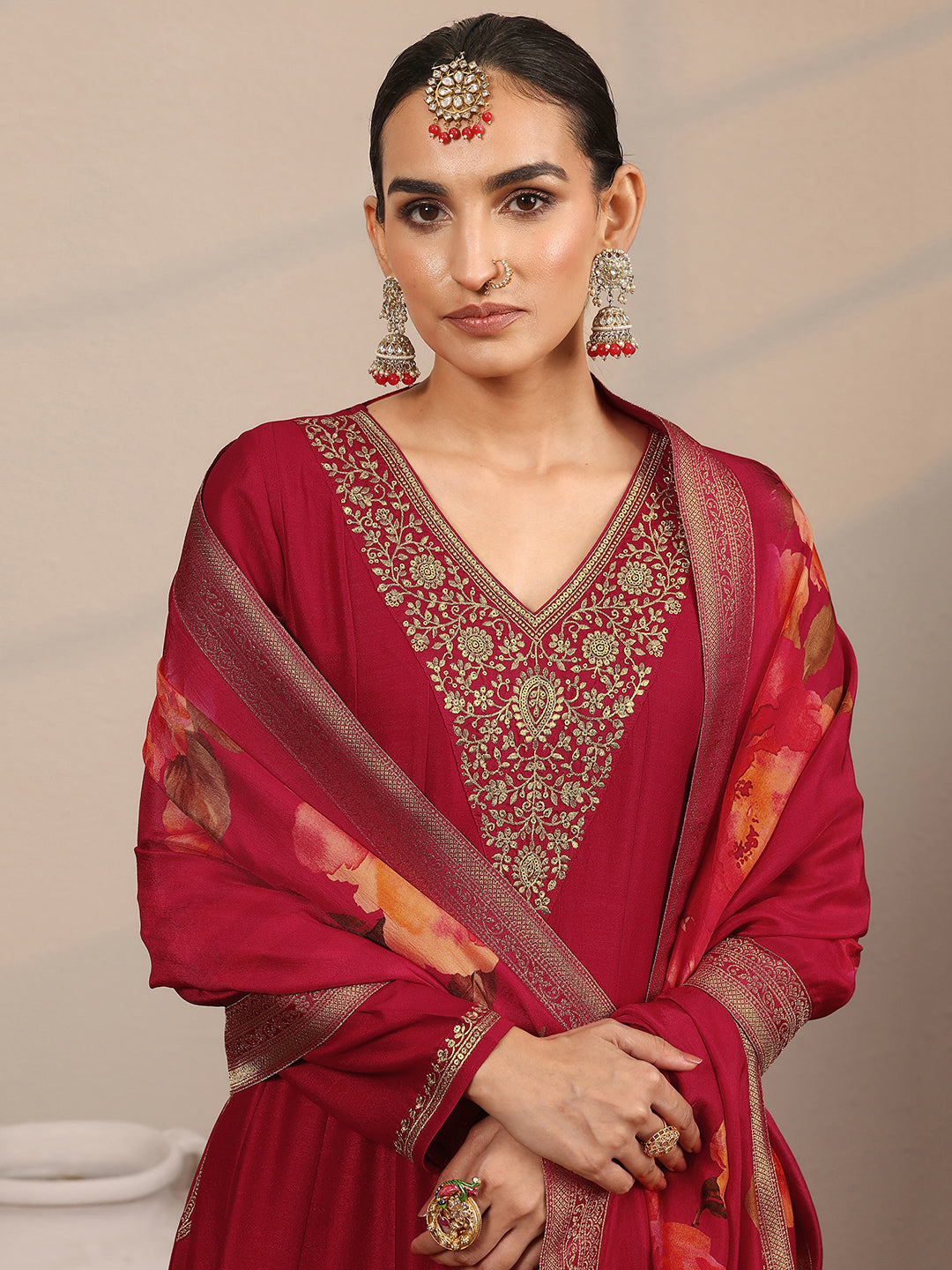 Mameraa Red Yoke Design Silk Blend Anarkali Suit Set With Dupatta