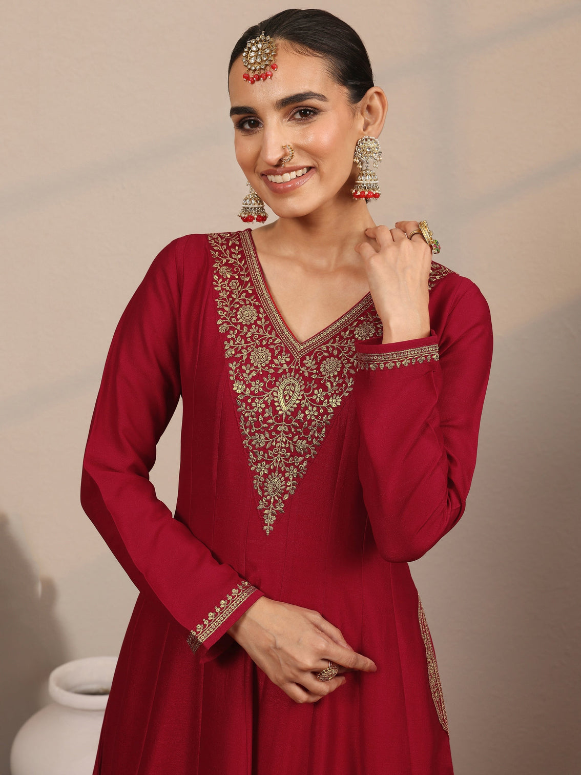 Mameraa Red Yoke Design Silk Blend Anarkali Suit Set With Dupatta