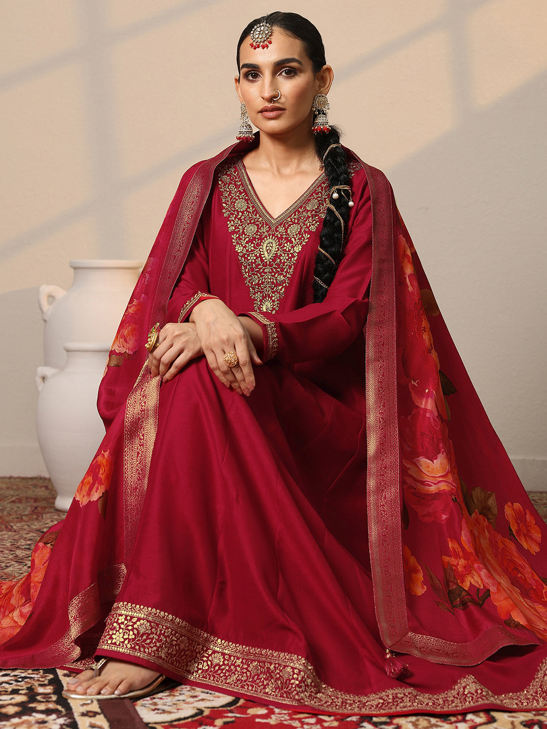Mameraa Red Yoke Design Silk Blend Anarkali Suit Set With Dupatta