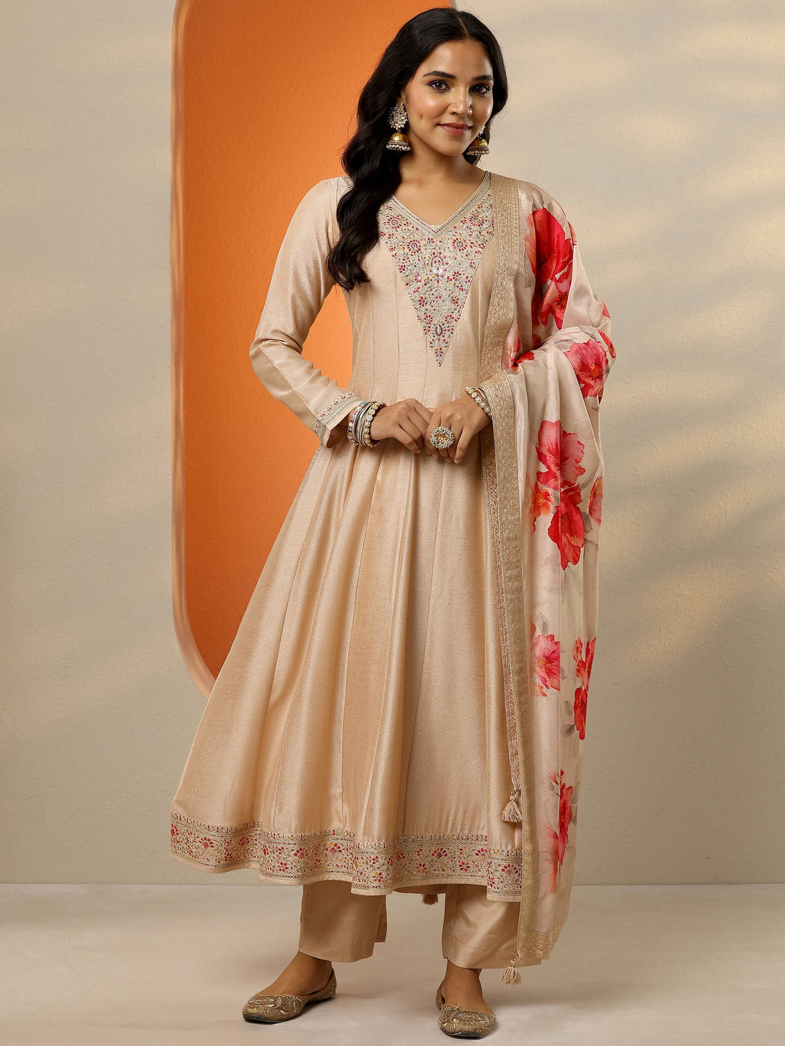 Mameraa Beige Embroidered Silk Blend Anarkali Suit Set With Dupatta