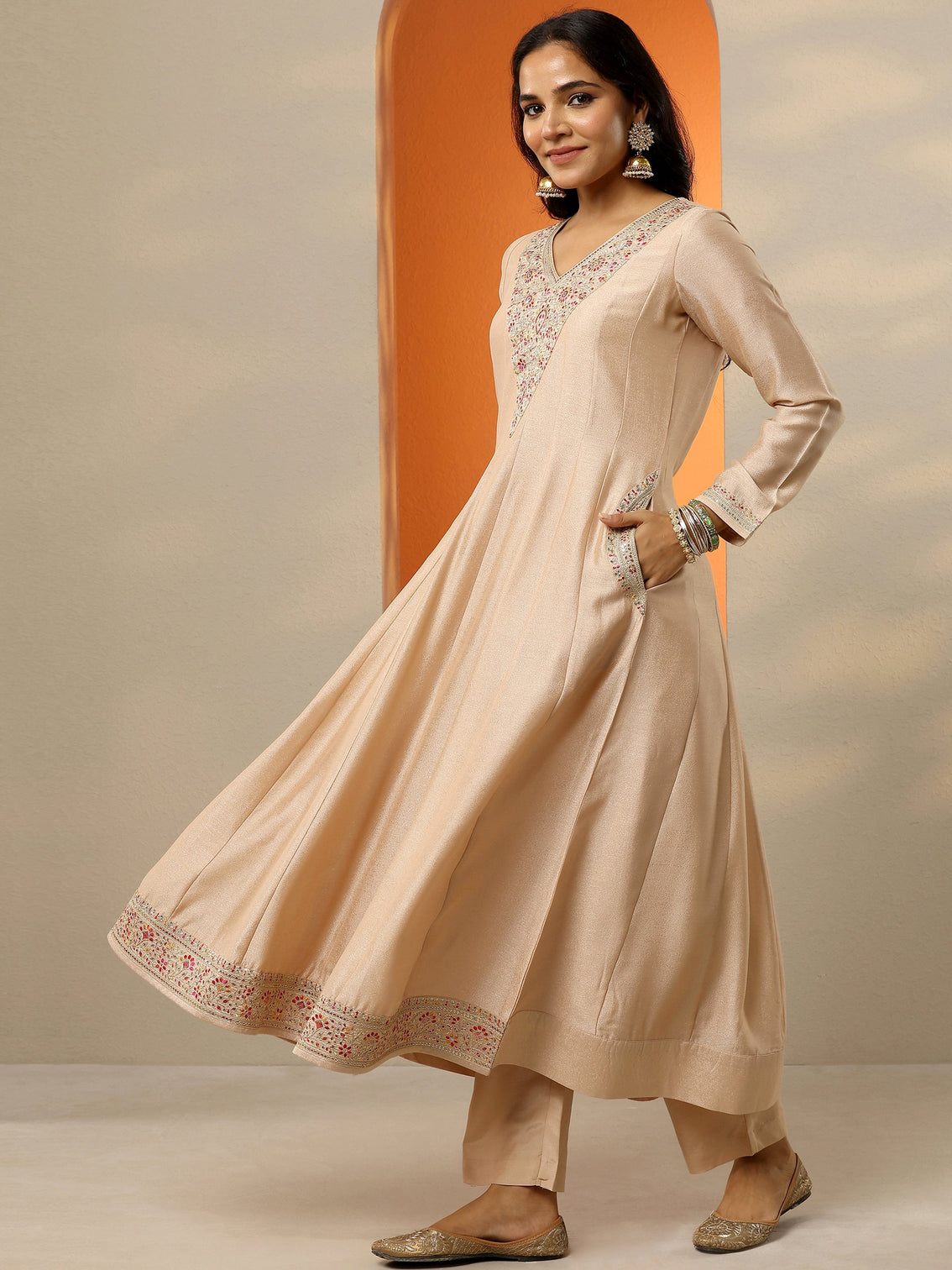 Mameraa Beige Embroidered Silk Blend Anarkali Suit Set With Dupatta