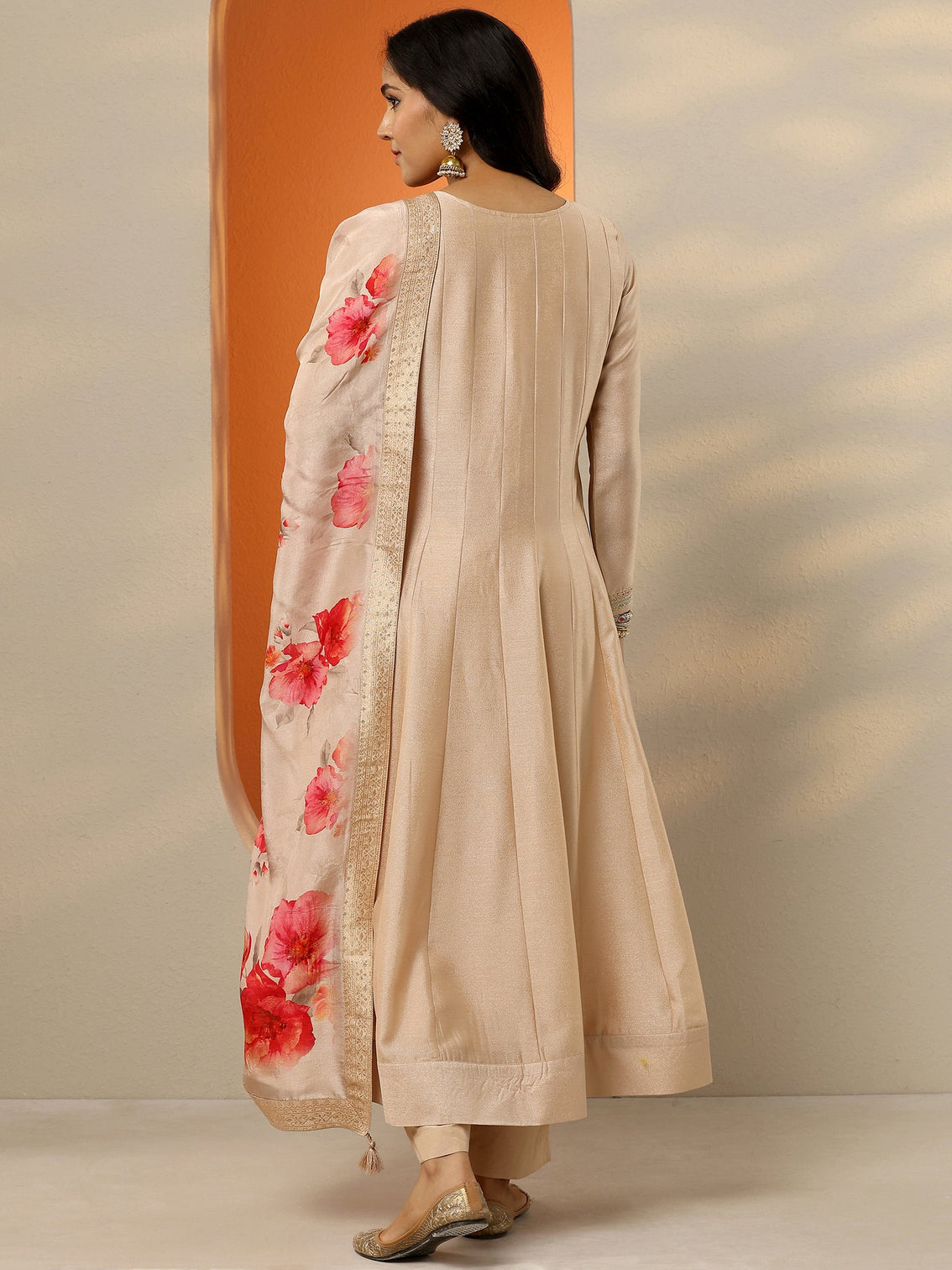 Mameraa Beige Embroidered Silk Blend Anarkali Suit Set With Dupatta