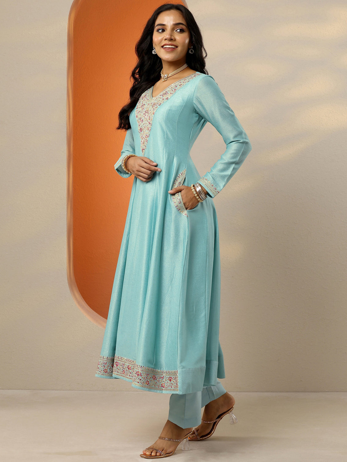 Mameraa Blue Embroidered Silk Blend Anarkali Suit Set With Dupatta