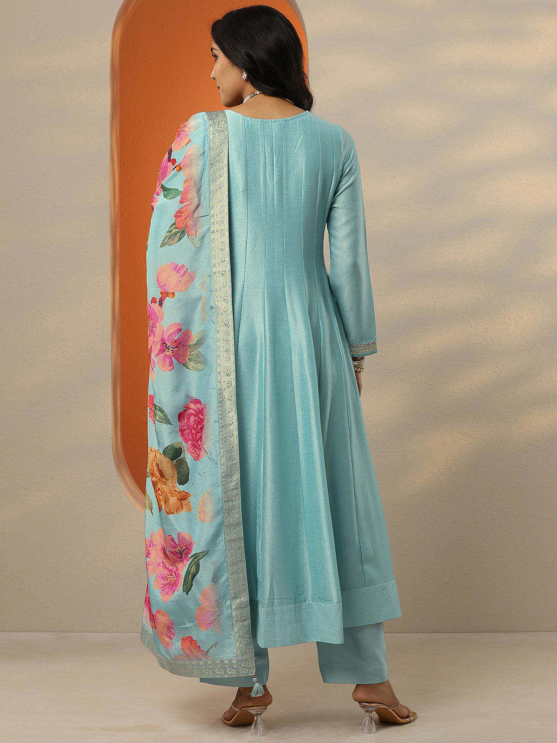 Mameraa Blue Embroidered Silk Blend Anarkali Suit Set With Dupatta