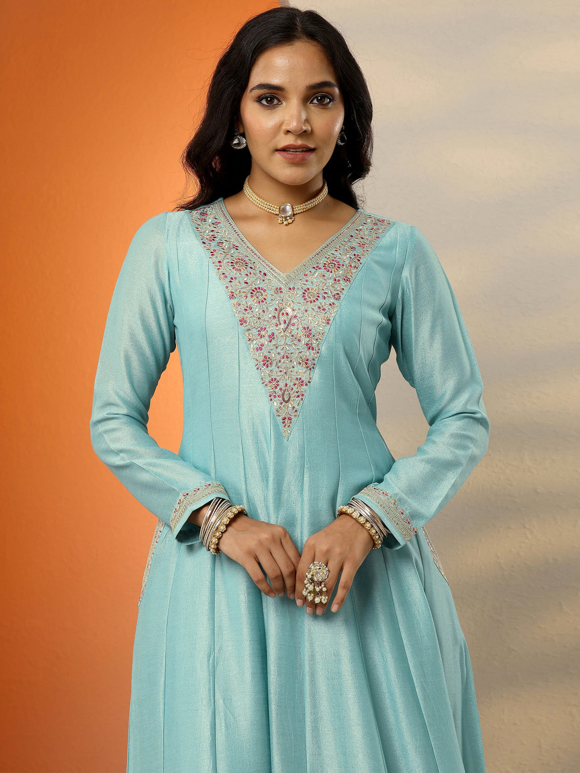 Mameraa Blue Embroidered Silk Blend Anarkali Suit Set With Dupatta