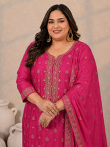 Plus Size Pink Woven Design Silk Blend Straight Suit Set With Dupatta