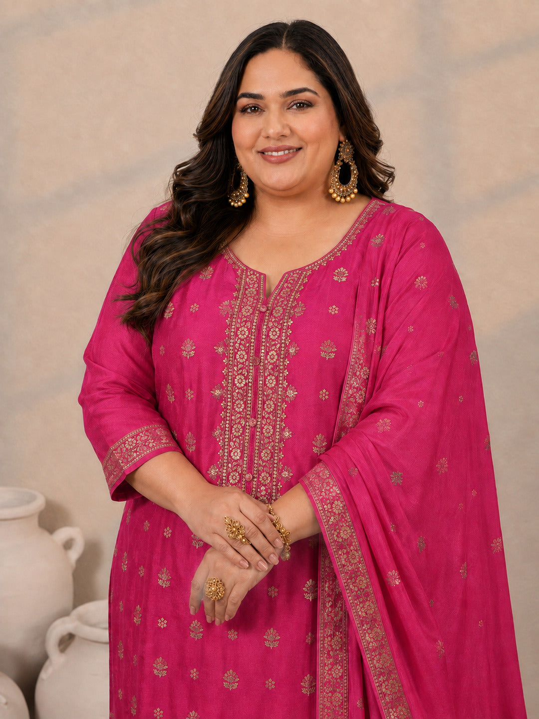 Plus Size Pink Woven Design Silk Blend Straight Suit Set With Dupatta