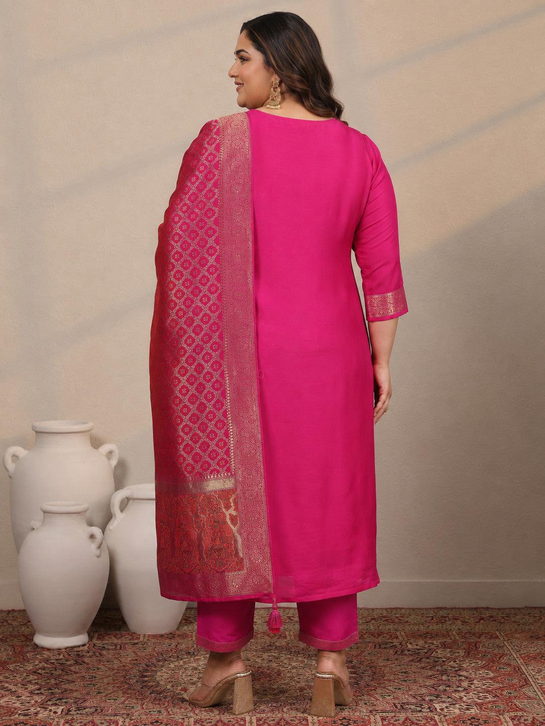 Plus Size Pink Woven Design Silk Blend Straight Suit Set With Dupatta