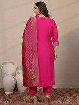 Plus Size Pink Woven Design Silk Blend Straight Suit Set With Dupatta