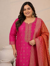 Plus Size Pink Woven Design Silk Blend Straight Suit Set With Dupatta