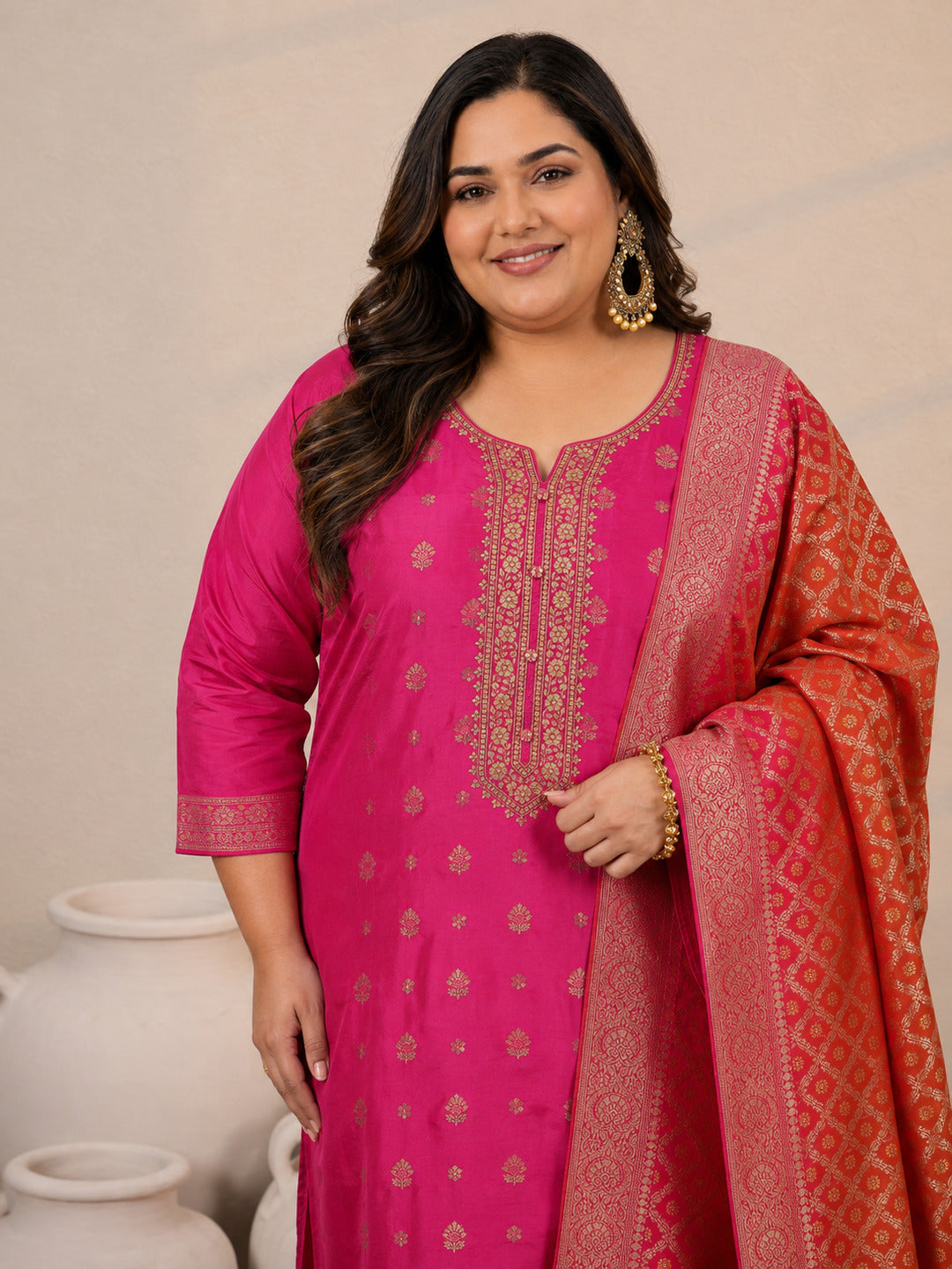 Plus Size Pink Woven Design Silk Blend Straight Suit Set With Dupatta
