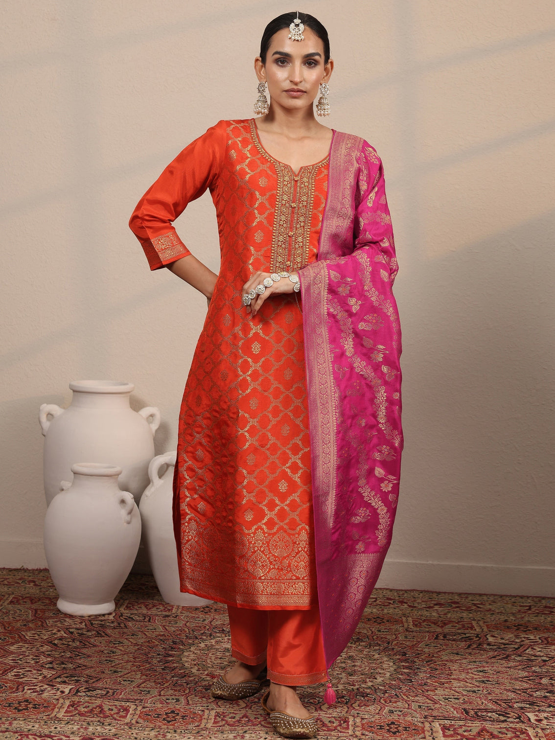 Mameraa Orange Woven Design Silk Blend Straight Suit Set With Dupatta
