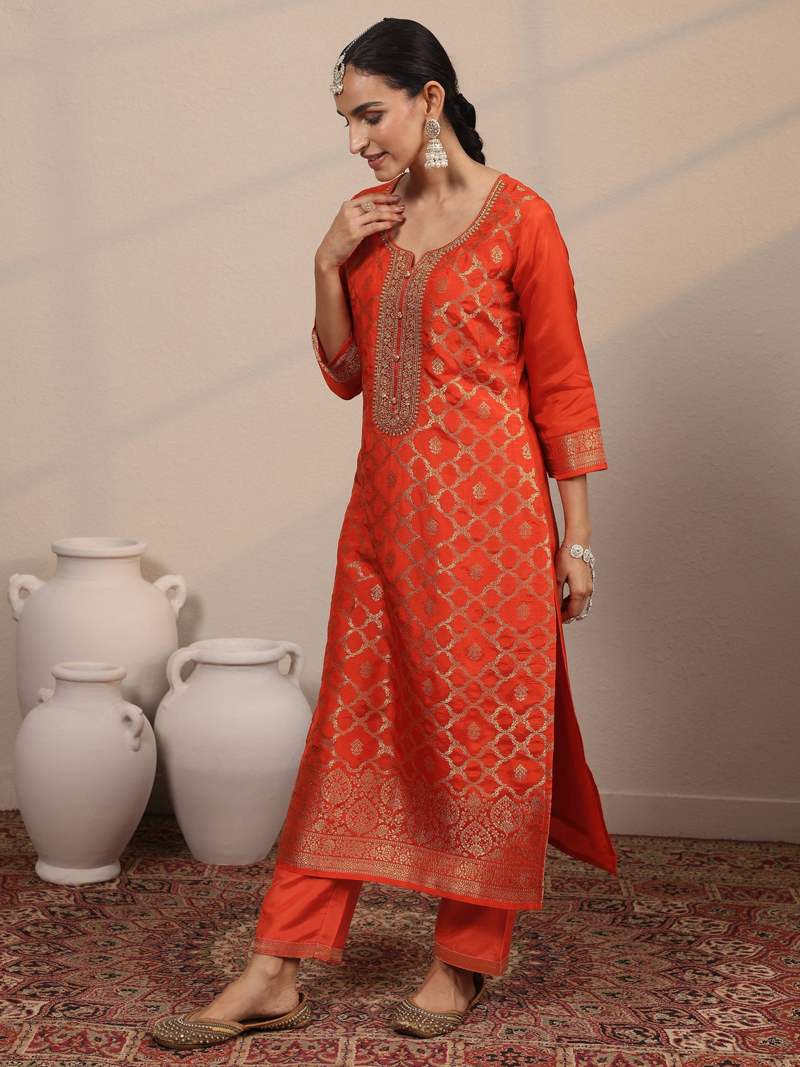 Mameraa Orange Woven Design Silk Blend Straight Suit Set With Dupatta