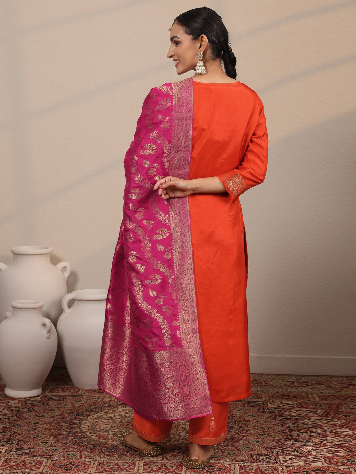 Mameraa Orange Woven Design Silk Blend Straight Suit Set With Dupatta