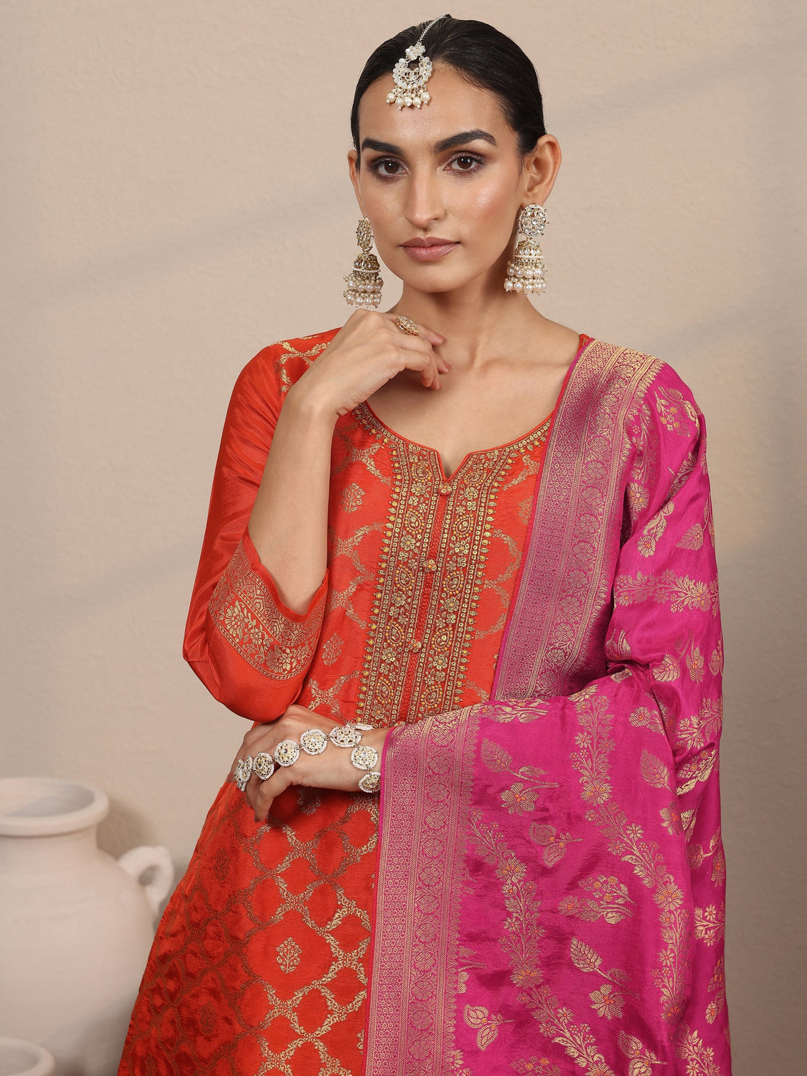 Mameraa Orange Woven Design Silk Blend Straight Suit Set With Dupatta
