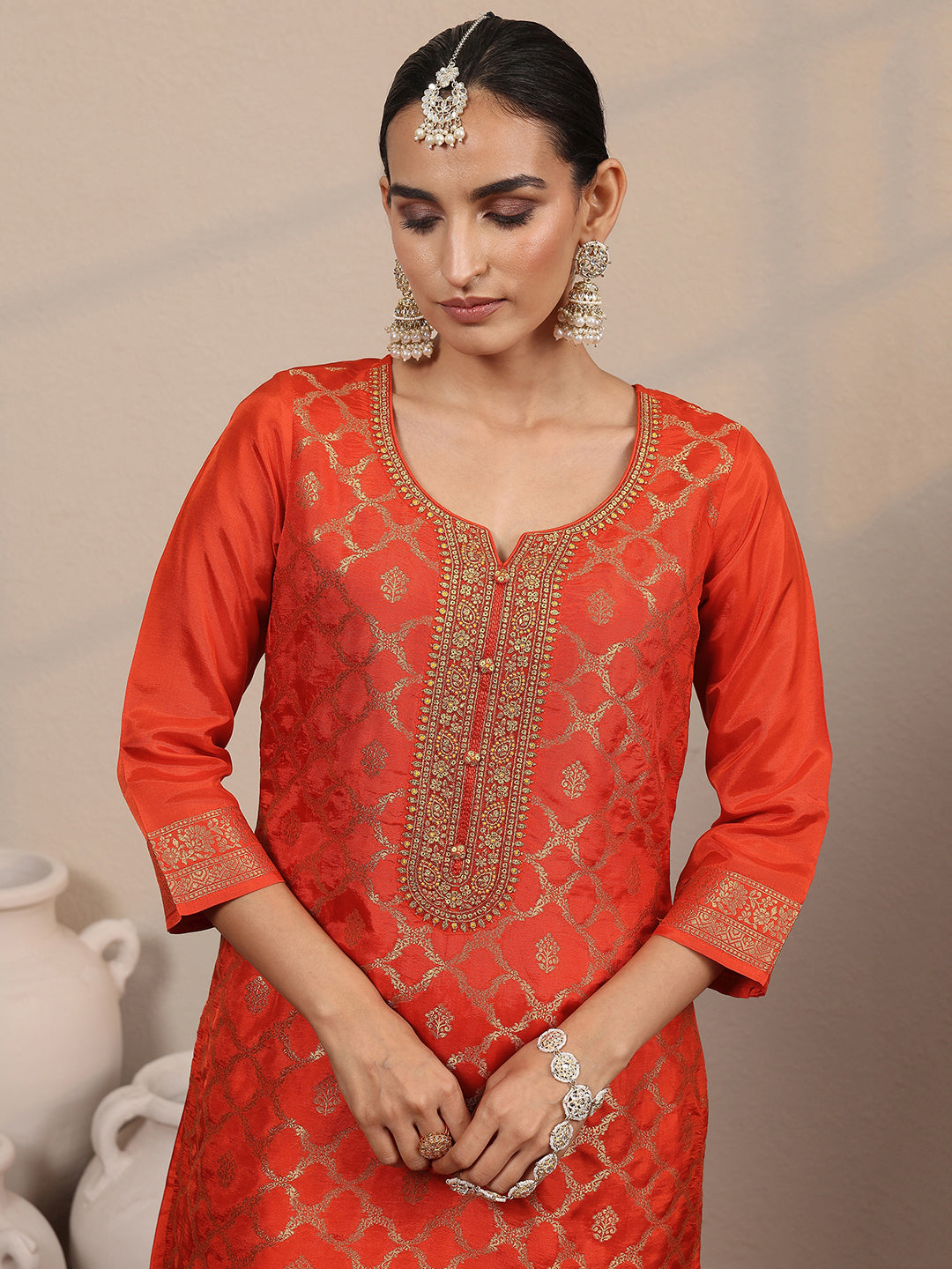 Mameraa Orange Woven Design Silk Blend Straight Suit Set With Dupatta