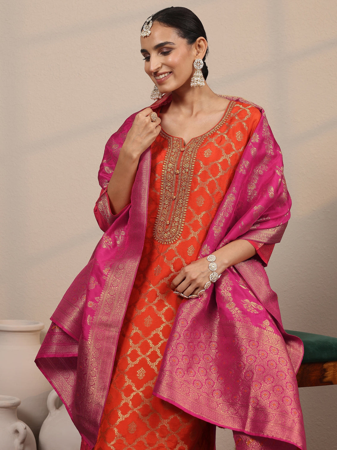 Mameraa Orange Woven Design Silk Blend Straight Suit Set With Dupatta