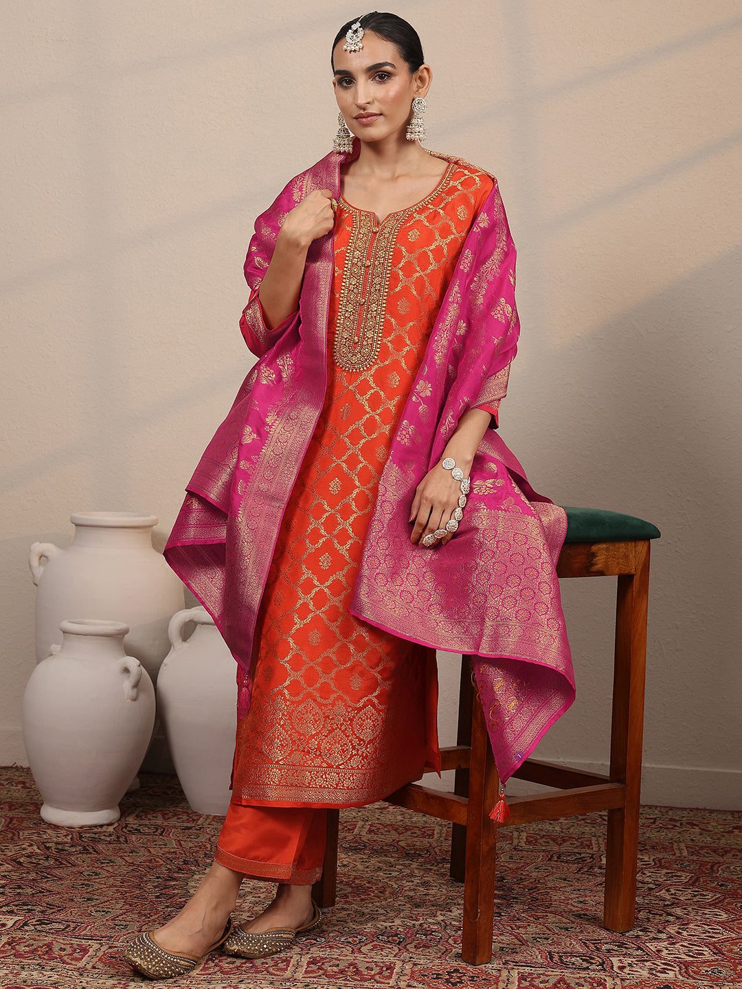 Mameraa Orange Woven Design Silk Blend Straight Suit Set With Dupatta