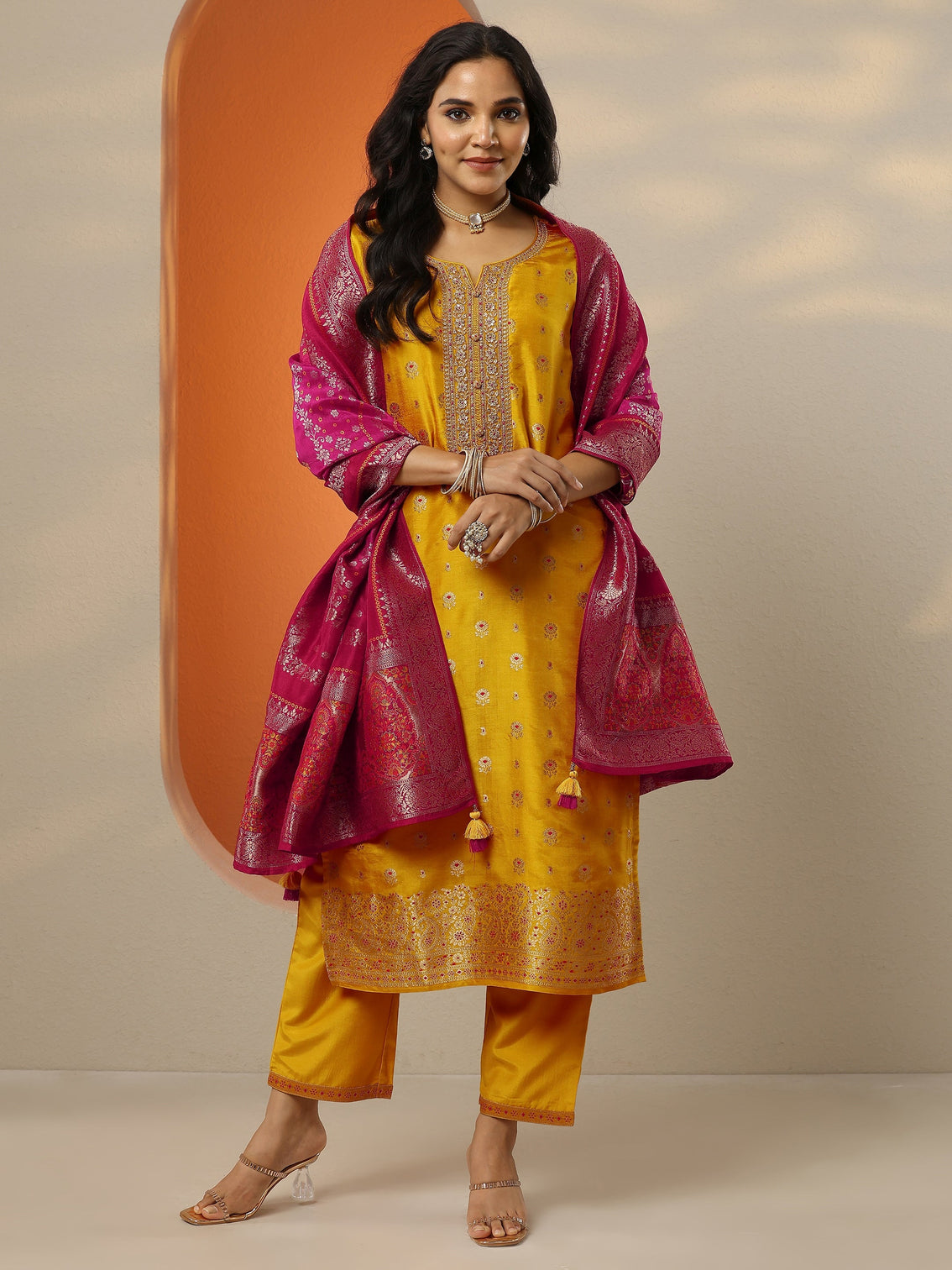 Mameraa Mustard Woven Design Silk Blend Straight Suit Set With Dupatta