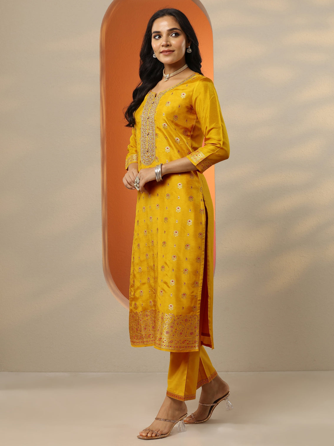 Mameraa Mustard Woven Design Silk Blend Straight Suit Set With Dupatta