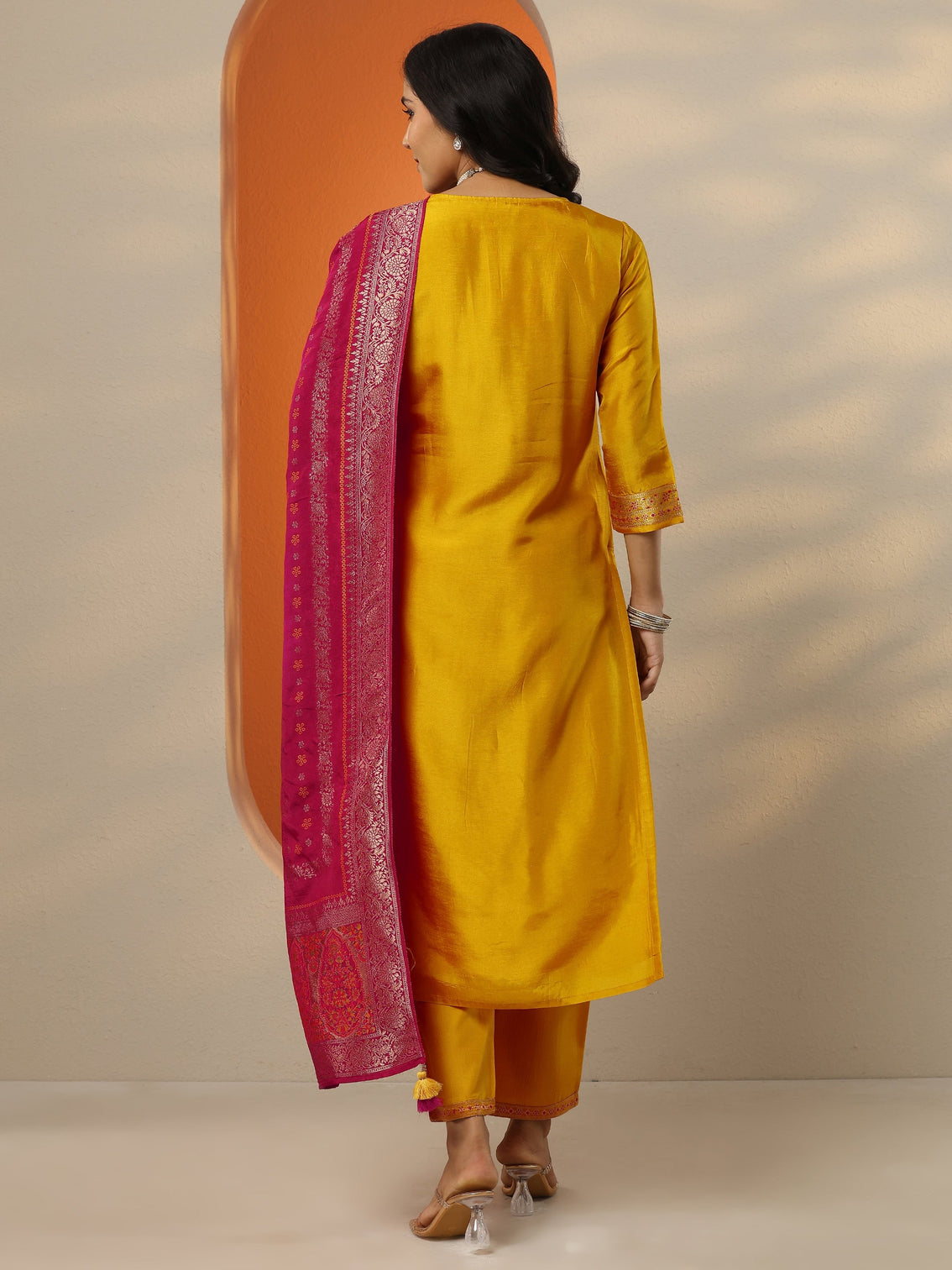 Mameraa Mustard Woven Design Silk Blend Straight Suit Set With Dupatta