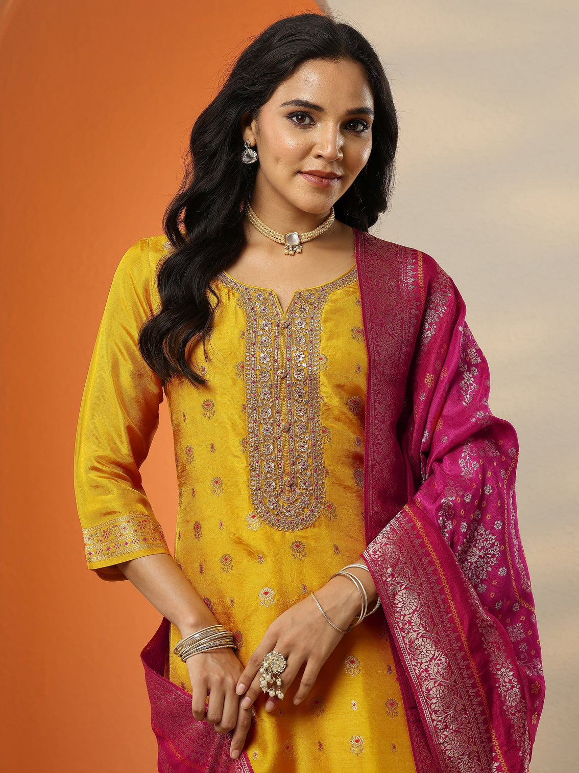 Mameraa Mustard Woven Design Silk Blend Straight Suit Set With Dupatta