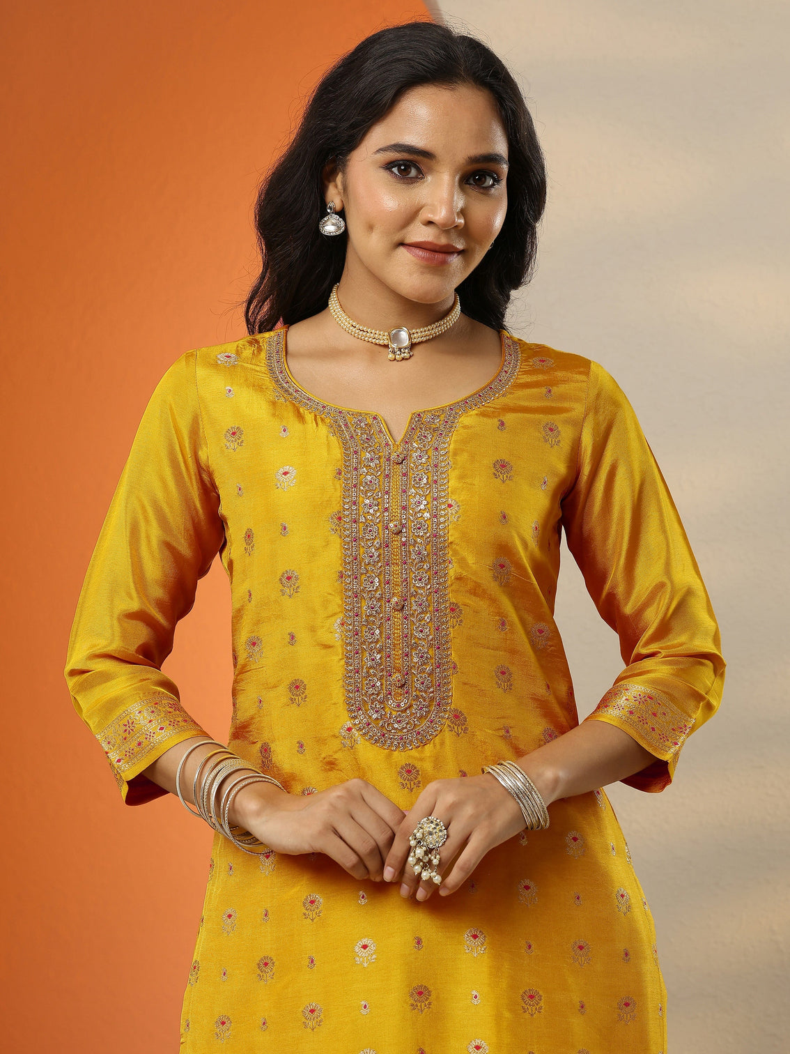 Mameraa Mustard Woven Design Silk Blend Straight Suit Set With Dupatta