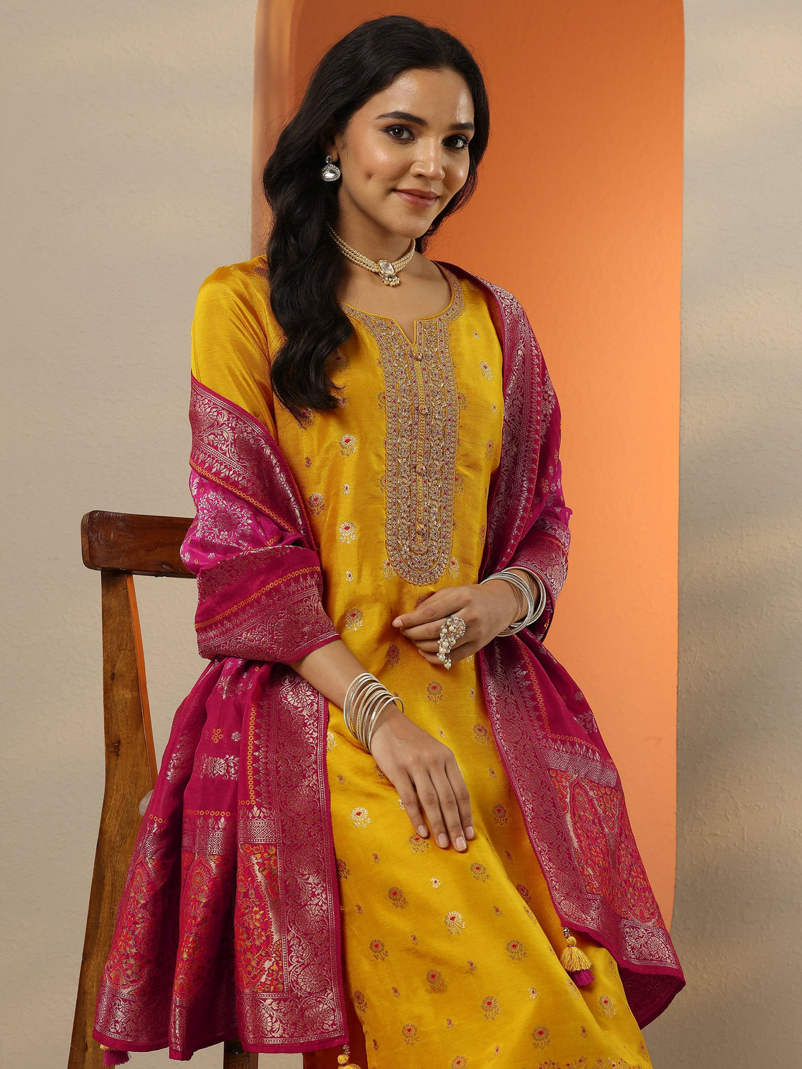 Mameraa Mustard Woven Design Silk Blend Straight Suit Set With Dupatta