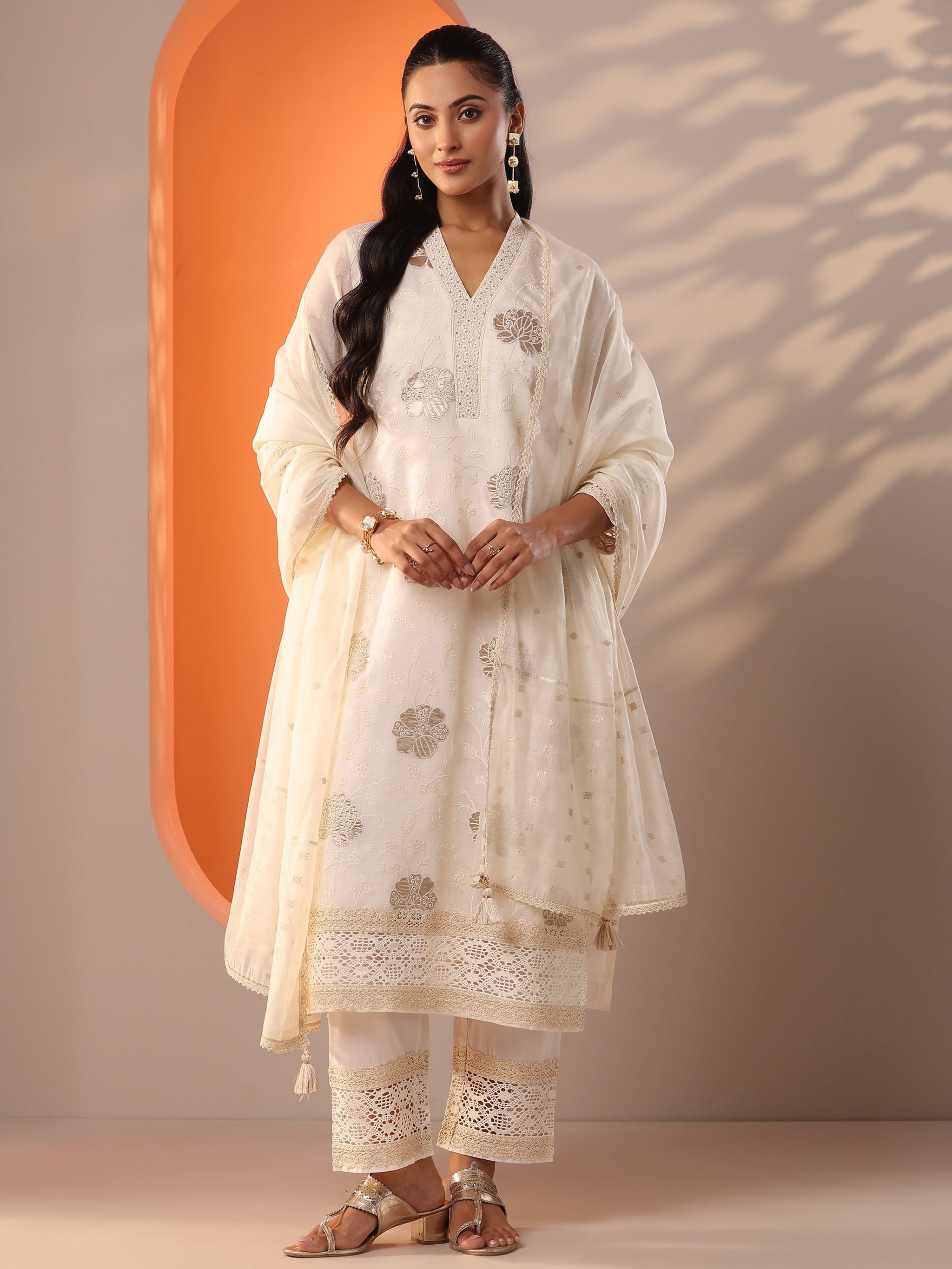 Libas Off White Embroidered Silk Blend Straight Suit Set With Dupatta